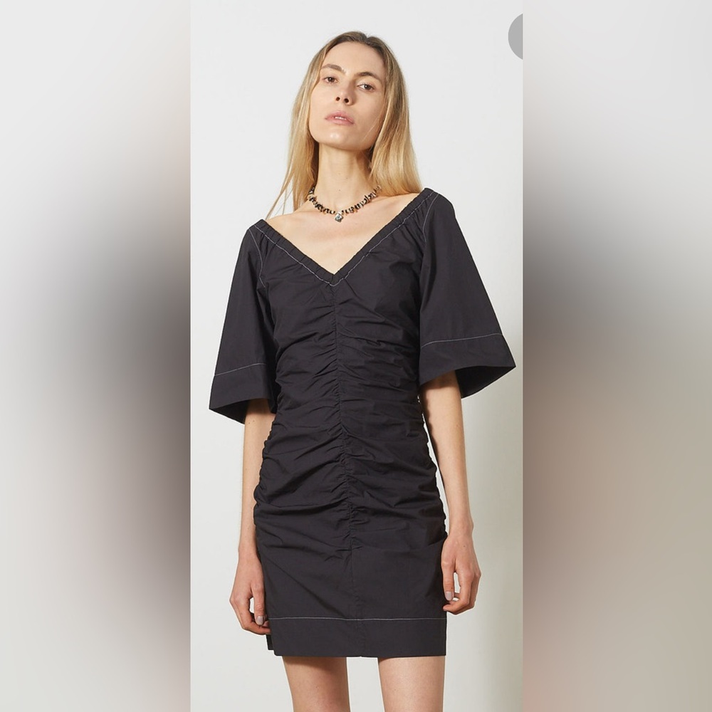 Ganni Black Ruched V-Neck Mini Dress